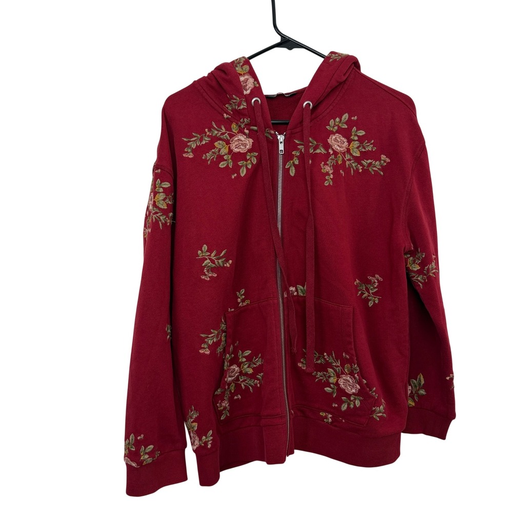Driftwood Hoodie Womens XL Red Floral Embroidered Full Zip Cotton Long Sleeve